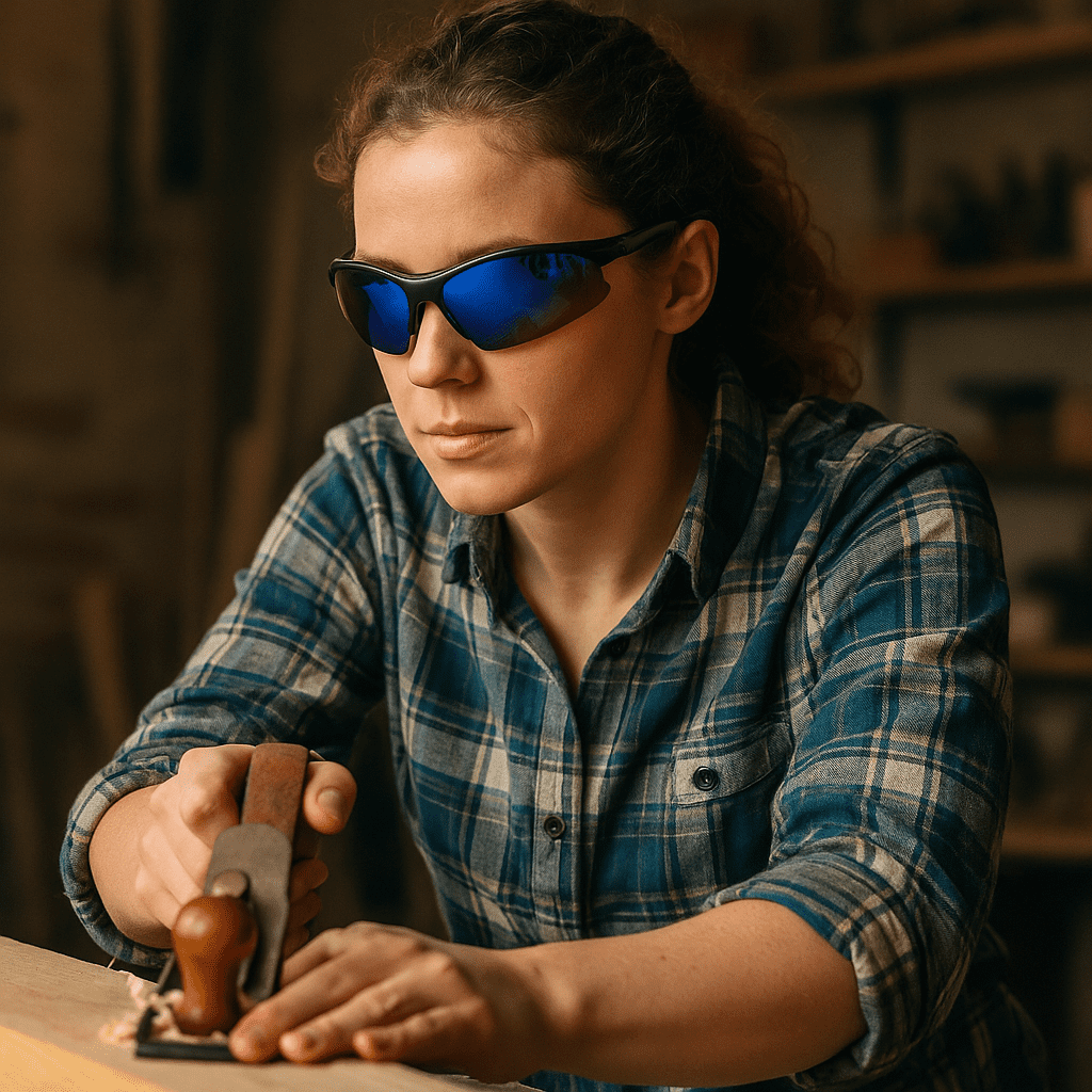 Sanoxy Safety Glasses with Wraparound Design, UV Protection, Rubber Nosepiece and Black Temples – Impact-Resistant PC Lens-Blue Mirror