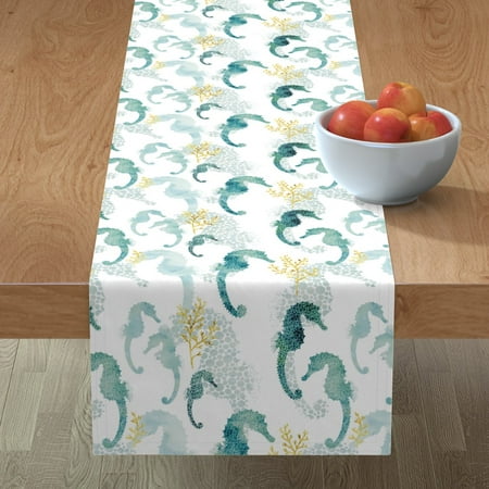 

Cotton Sateen Table Runner 108 - Pointillism Seahorse Seaweed Pattern Turquoise Blue Watercolor Ocean Dots Teal Sea Life Mustard Mint Print Custom Table Linens by Spoonflower