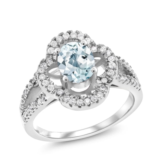 Gem Stone King 1.57 Ct Oval Sky Blue Aquamarine 925 Sterling Silver Spotlight Ring (Size 8)