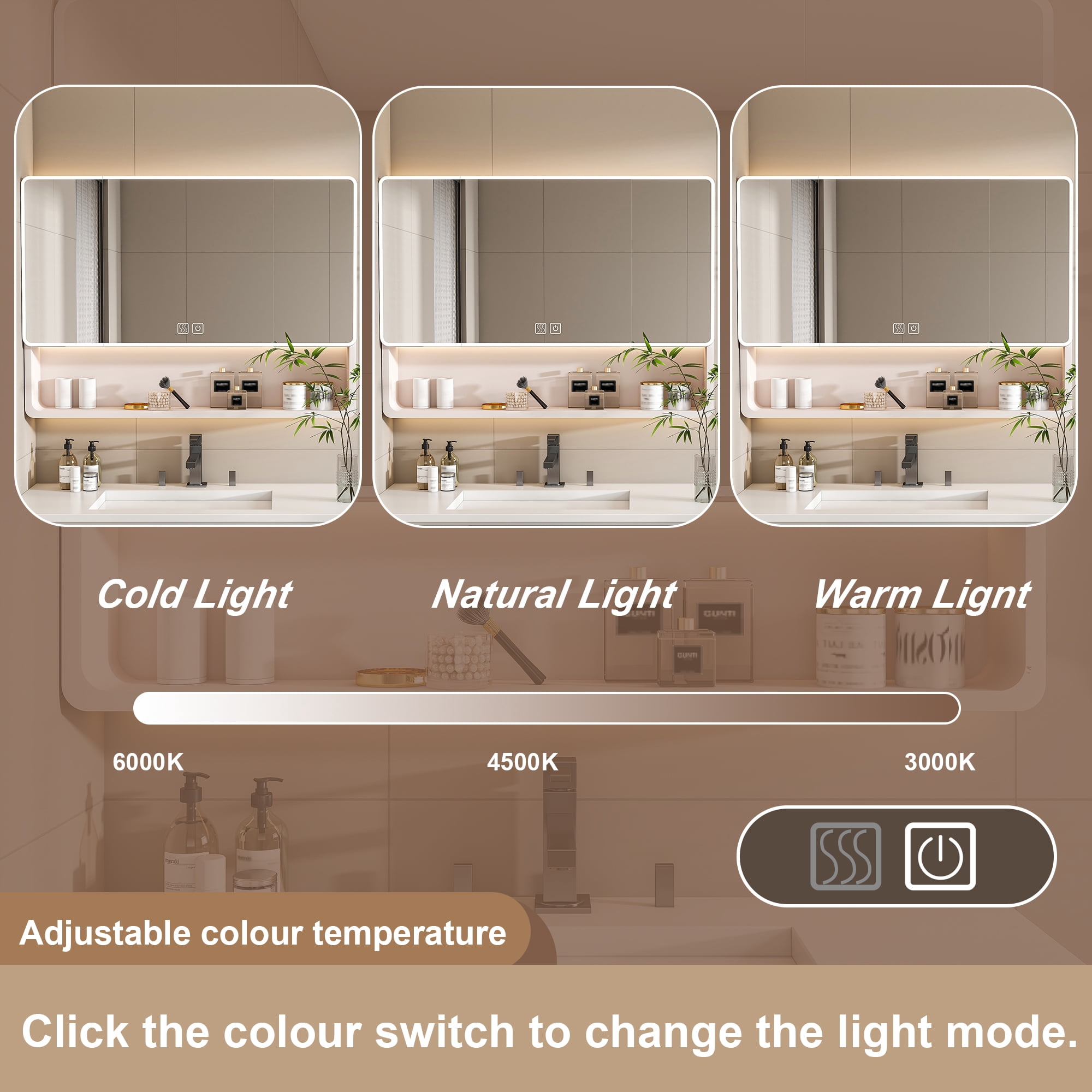 Aukfa Bathroom Medicine Cabinets Wall Cabinet with Defogging Function and LED Lights,35"x28",Khaki