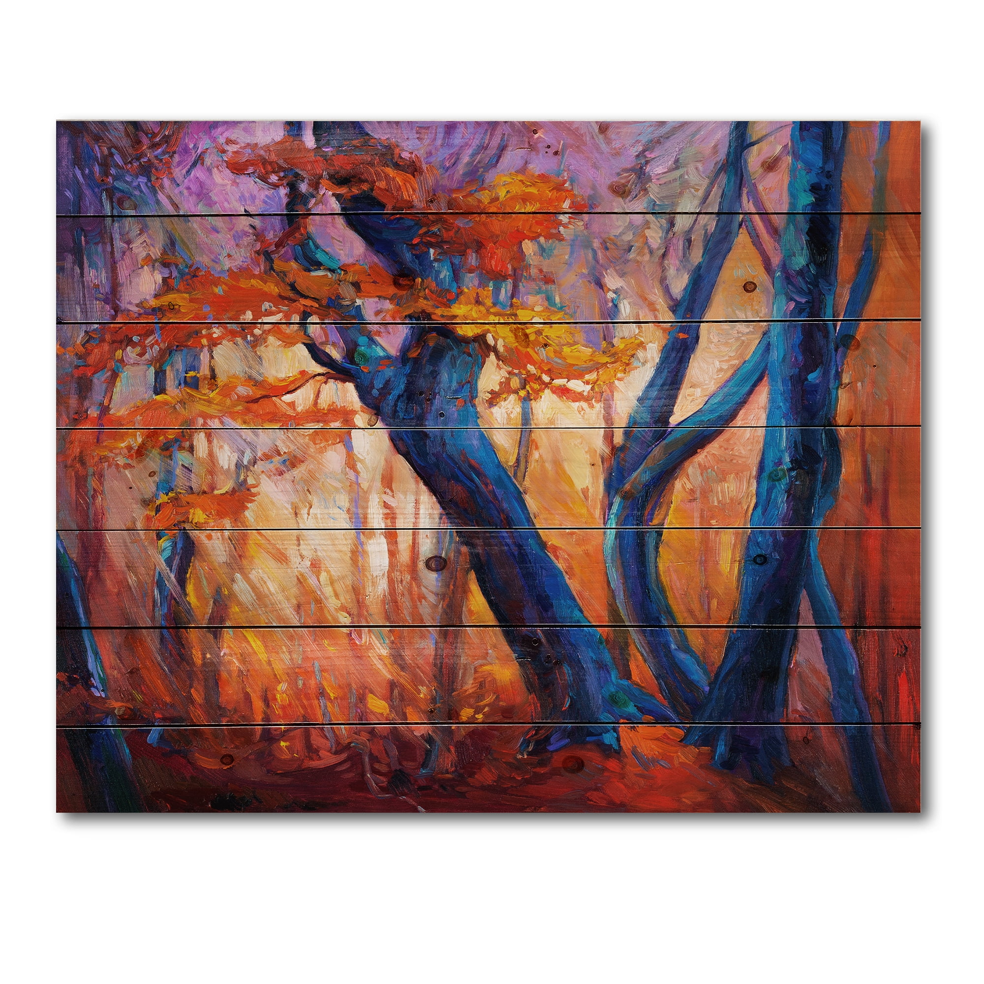 Designart 'Abstract Blue Silhouettes Of Trees In Orange Autumn Forest' Farmhouse Print on Natural Pine Wood