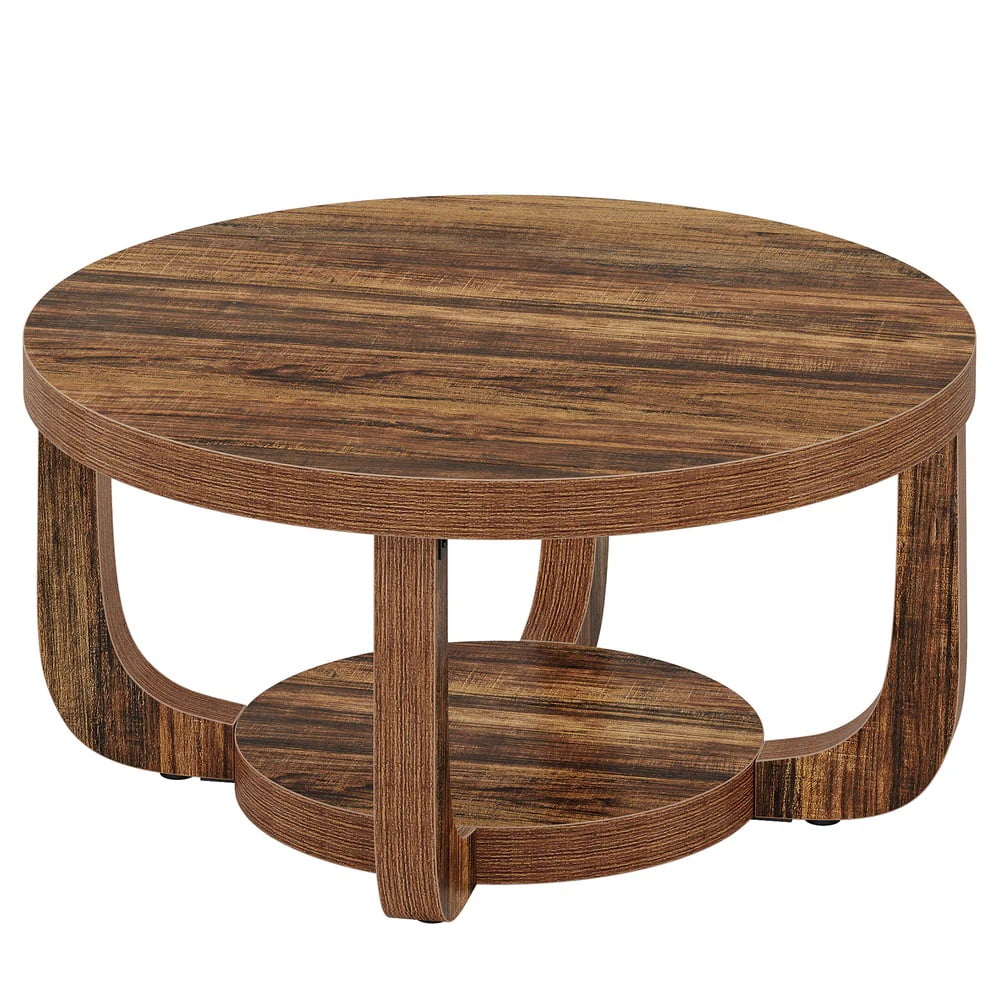 Coffee Table Round Rustic Brown 2 Tier Storage Modern Living Room Furniture