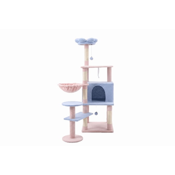 Blue Flower Cat Tree, 56" Multi-Level Cat Tower with Large Condo, Removable Flower Cushion & Hammock, Sisal Scratching Posts for Indoor Cats