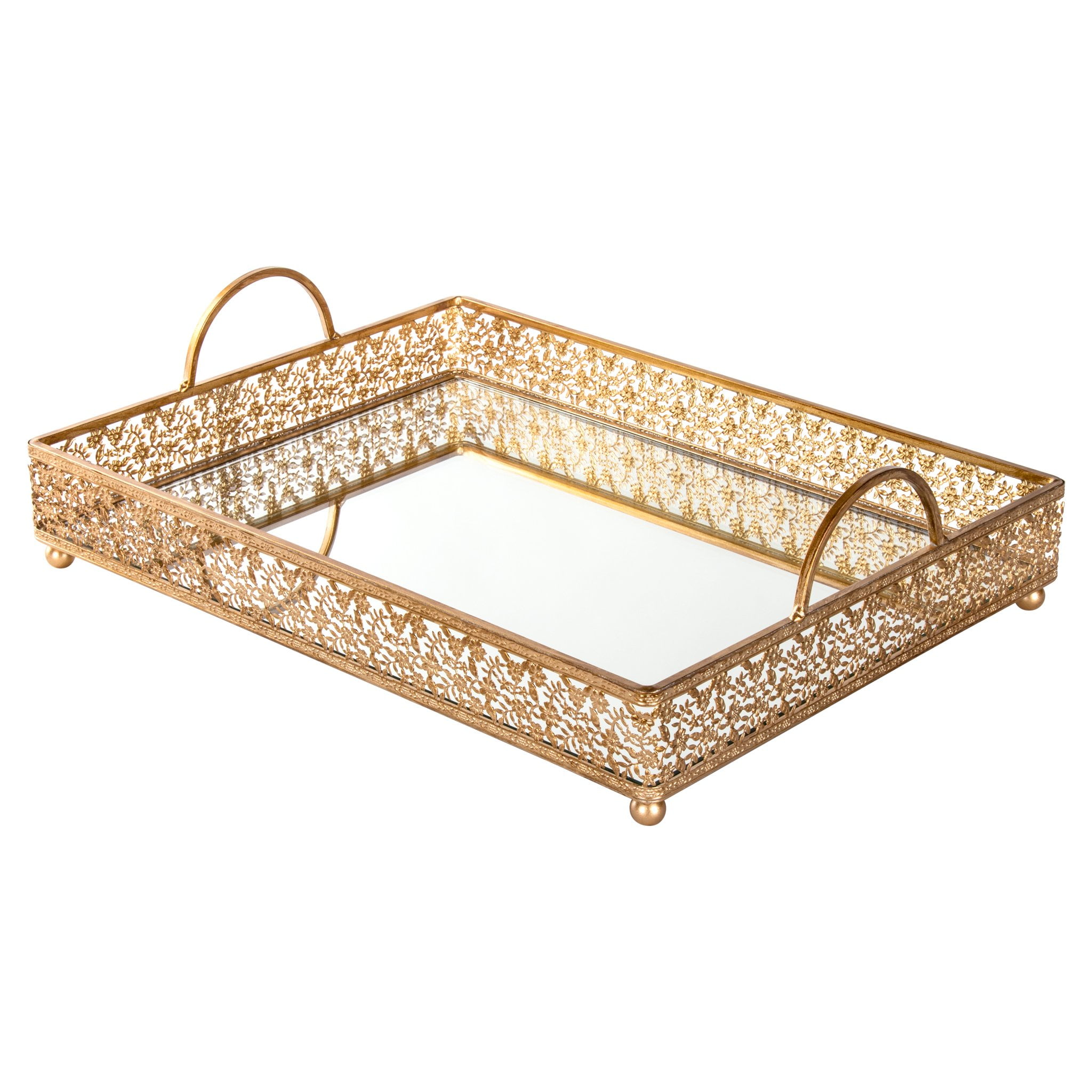 Gold Rectangular Edgeless Serving Dressing Candle Table Tray Mirror Glass Base