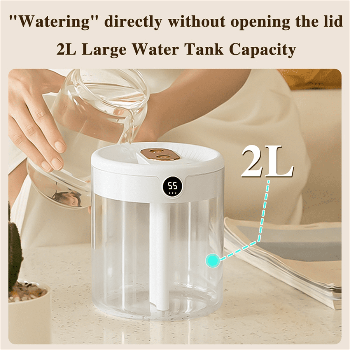 H2O Air Humidifier 2L Capacity Double Nozzle with LCD Humidity Display Essential Oil Diffuser Portable USB,White