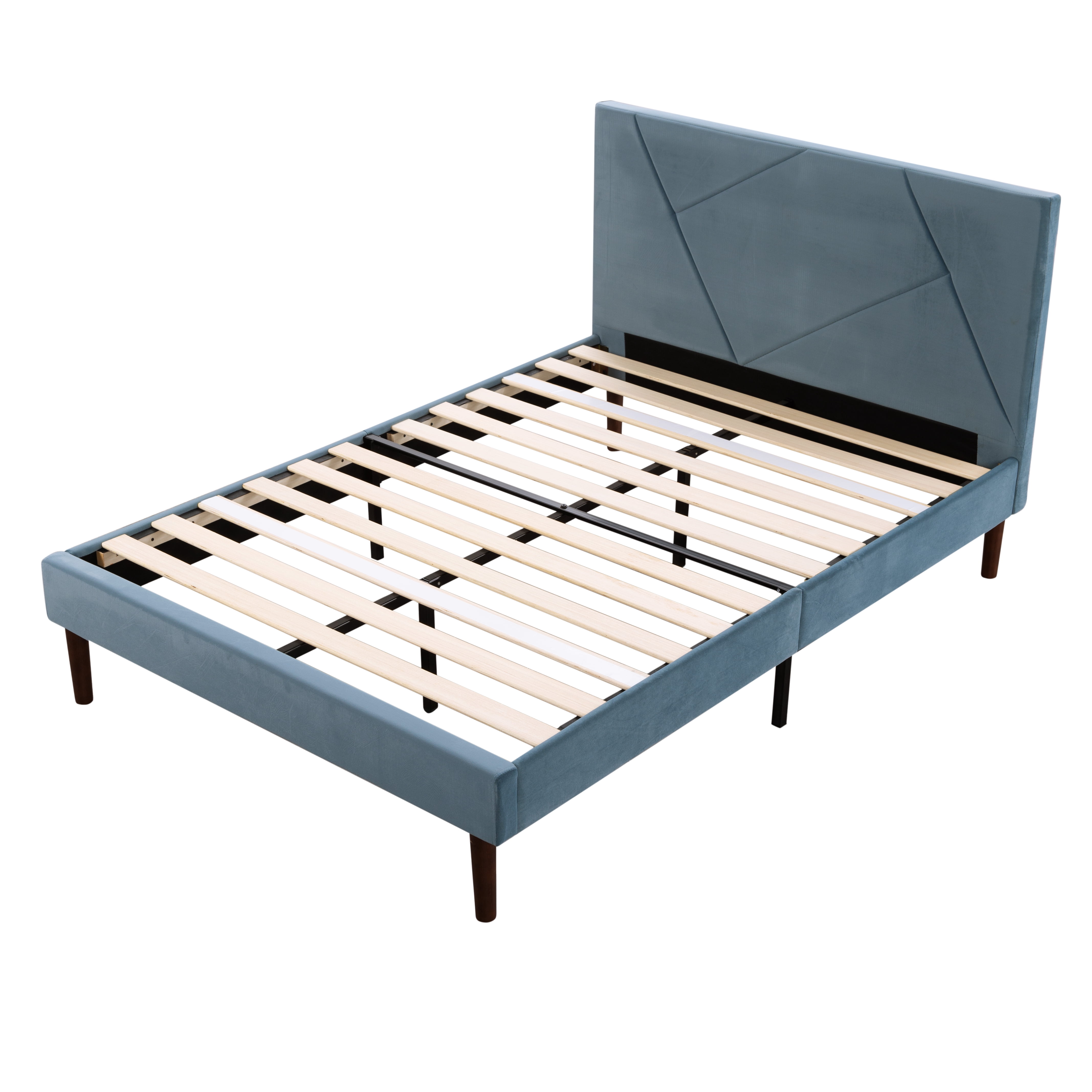 Gewnee Twin Size Platform Bed Frame with Upholstered Headboard,Wood Slats & Center Support Leg,Under-Bed Storage Space,No Box Spring Required,Blue