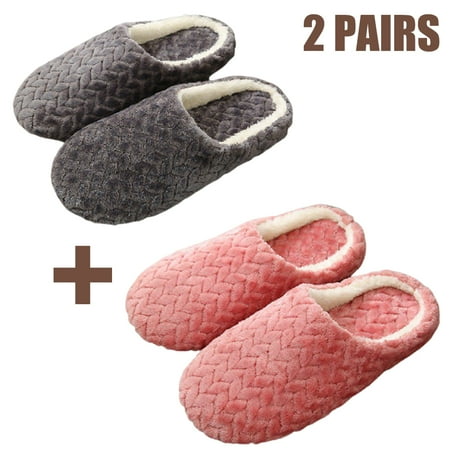 

2 Pairs Autumn Winter Women Home Slipper Non-slip Soft Winter Warm House Slippers Bedroom Floor Shoes Indoor Outdoor Solid Color House Slipper(Pink+Gray)