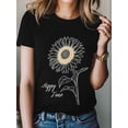thumbnail image 4 of Women's T-Shirt Happy Time Minimalist Style Line Sunflower Short Sleeve Casual Tee Classic Crew Neck T Shirt for Women Black, XL, 4 of 7