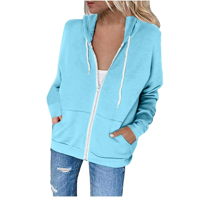 Moxiu Zip Up Hoodie for Women Casual Loose Long Sleeve Jackets Solid Color  Drawstring Hooded Sweatshirt with Pockets