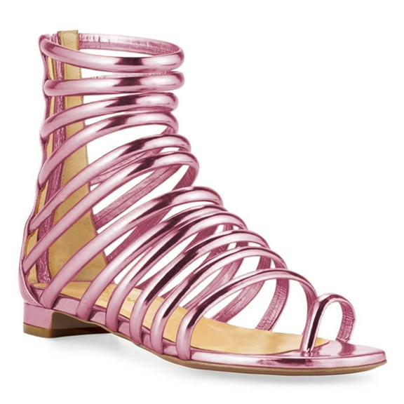 YDN Women Open Square Toe Flats Gladiator Sandals Back Zipper Strappy Low Heels Summer Dressy Vacation Shoes Size 7 Pink