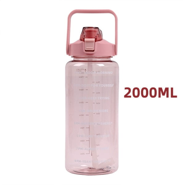 2 liters vattenflaska med sugrör Stor bärbar sportvattenkopp Rosa 2000ml