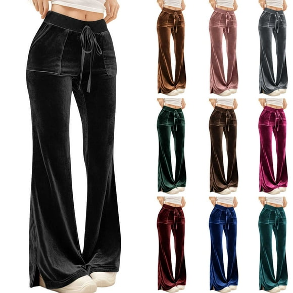QATAINLAV Pantalon de Yoga pour Femmes Taille Haute à Cordon, Pantalon Évasé en Velours Confortable, Ample et Décontracté à Jambe Grand avec Poches, Noir, m