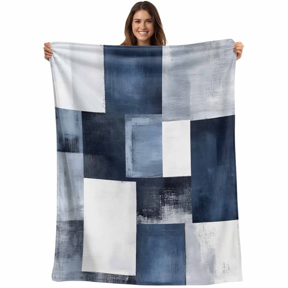 Navy Blue Grey Throw Blankets, Ombre Modern Abstract Art Soft Fleece Blanket Decorative for Home Sofa Couch Chair Living Bedroom, 50x60 inches,
