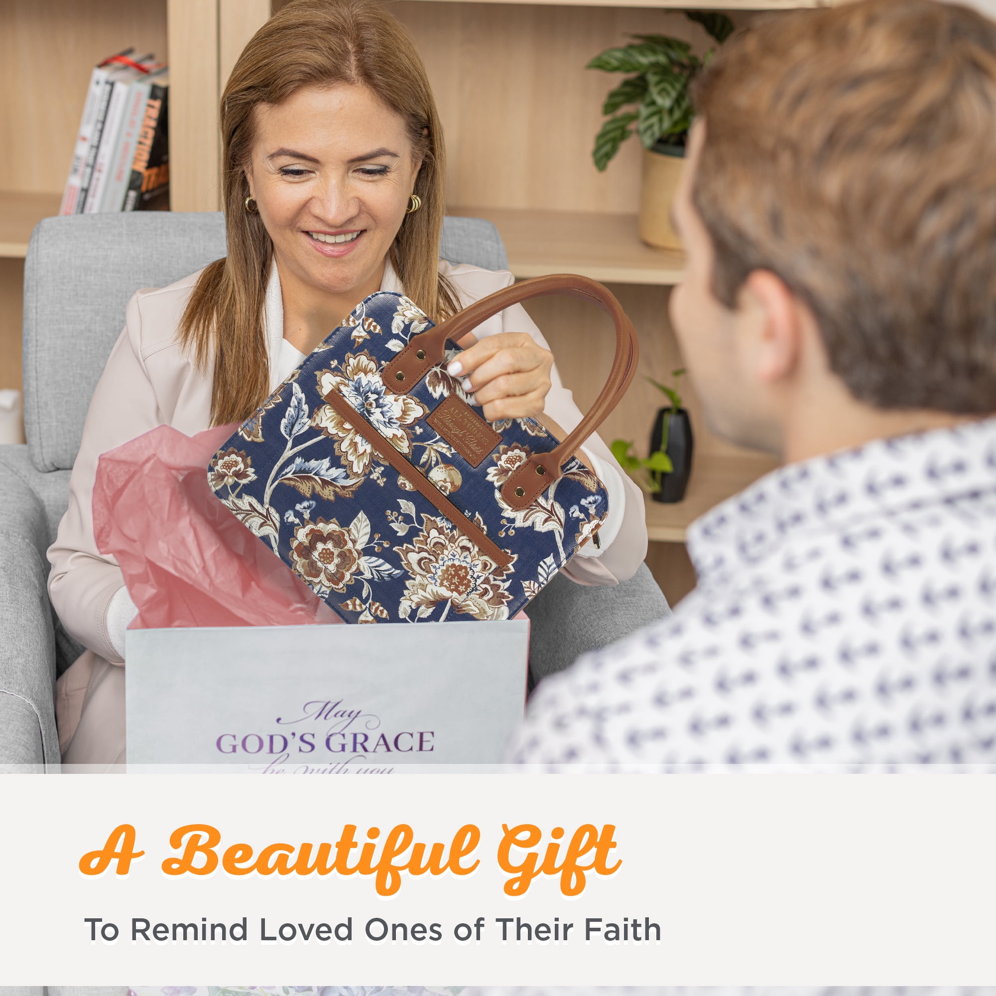 Christian Art Gifts Fashion Vegan Leather Purse Style Bible Cover Case for Women: All Things Through Christ Gold Inspirational Scripture, Pen Loops, Two Handles, Pockets, Navy & Brown Floral, Medium