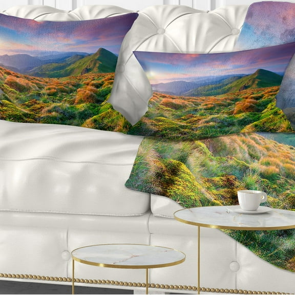 Designart Purple Sky and Green Mountains - Landscape Photo Throw Pillow - 12x20