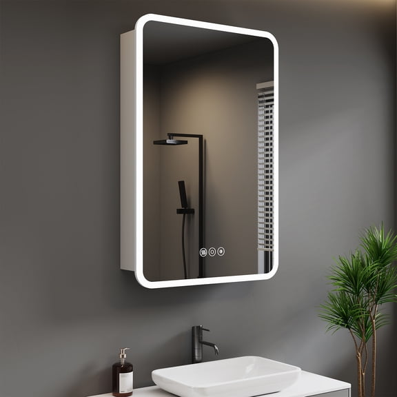 LED Mirror Medicine Cabinet, Surface or Recessed Mount, 3-Color Dimmable Lighting, Anti-Fog, USB & Power Outlet