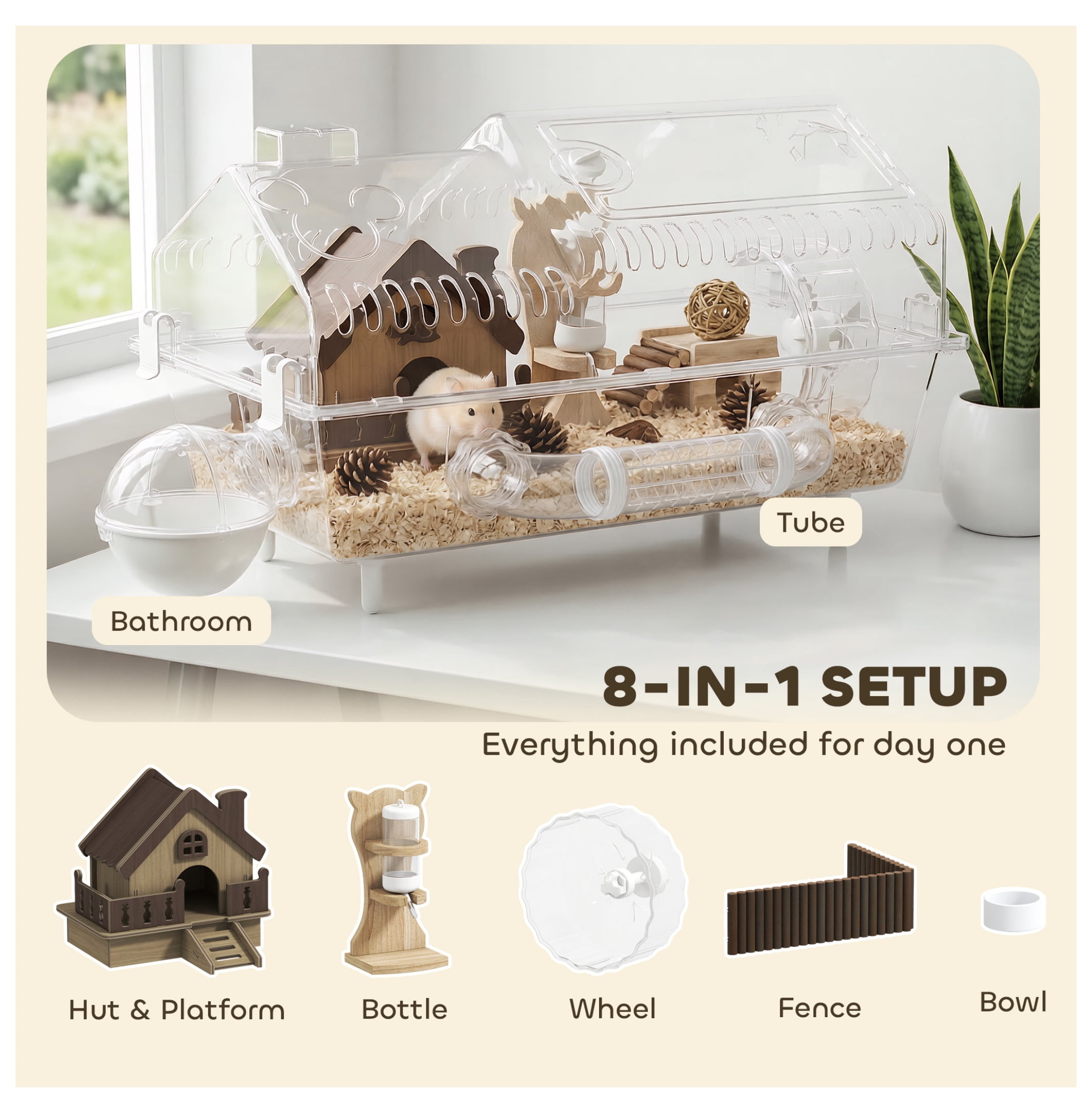 Hamster Cage with Wheel & Hideout, Small Animal Habitat, Clear Pet House, 21.5" x 11.8" x 12.6", Villa Design for Gerbils & Dwarf Hamsters