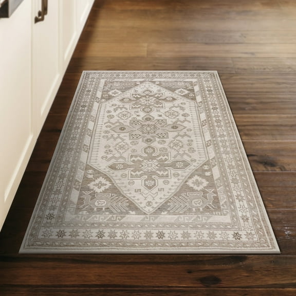 My Magic Carpet 3'x5' Machine Washable Non-Slip Kitchen Entryway Area Rug - Saraz Grey Silver