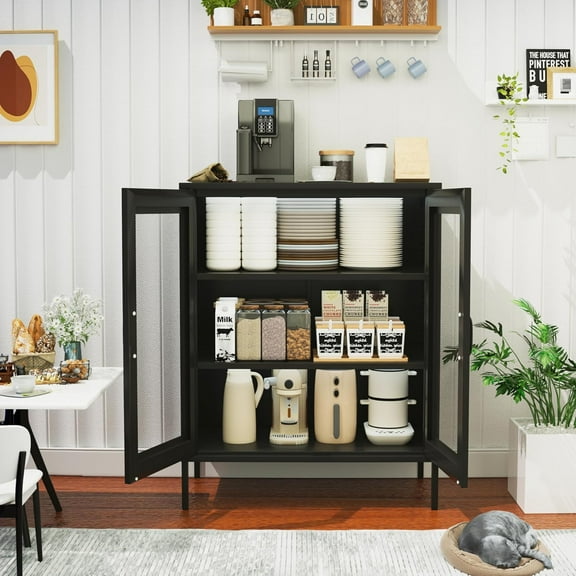 Metal Storage Cabinet with Mesh Doors and Shelves,Multipurpose Storage Rack, 3-Tier Office Cabinet,Metal Locker Style Accent Cabinet for Home Office,Living Room,Kitchen (Black-mesh, 40''H)