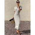 thumbnail image 4 of Womens Chocolate Brown Striped Collar Knit Midi Dress With Ruffle Hem, 4 of 5