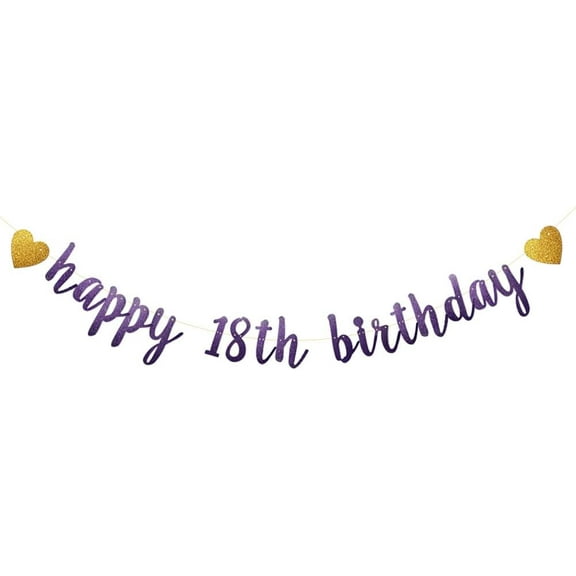 Happy 18th Birthday Banner, ,Purple Glitter Paper Garlands Banner for 18th Birthday Party Decorations Supplies, Letters Purple