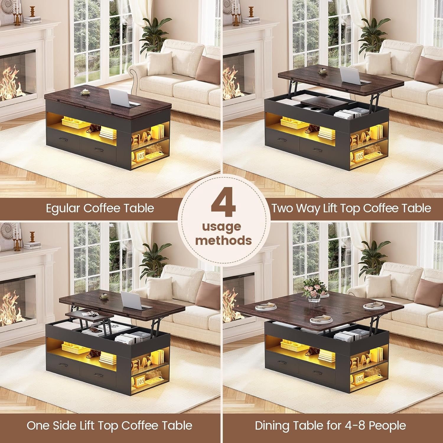 40" Farmhouse Lift Top Coffee Table, 4 in 1 Multifunction Lift Coffee Tables with 2 Drawers, Open Shelves and Hidden Compartment, Center Table with Wooden Tabletop for Living Room, Black & Brown Top