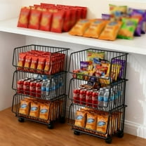 2 Pack 3 Tier Rolling Pantry Floor Organizer and Storage Cart with Wheels Stackable Pantry Storage Cart Metal Wire Baskets Kitchen Fruit Snacks Basket Stand for Kitchen Office Living Room