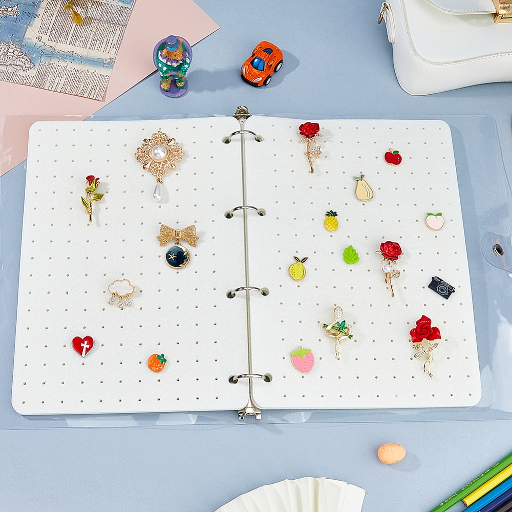 6 Pages Felt Brooches Collection Binder Book with Rectangle PVC Binder Cover and Iron Binder Rings White 31.7x25.8x3.1cm