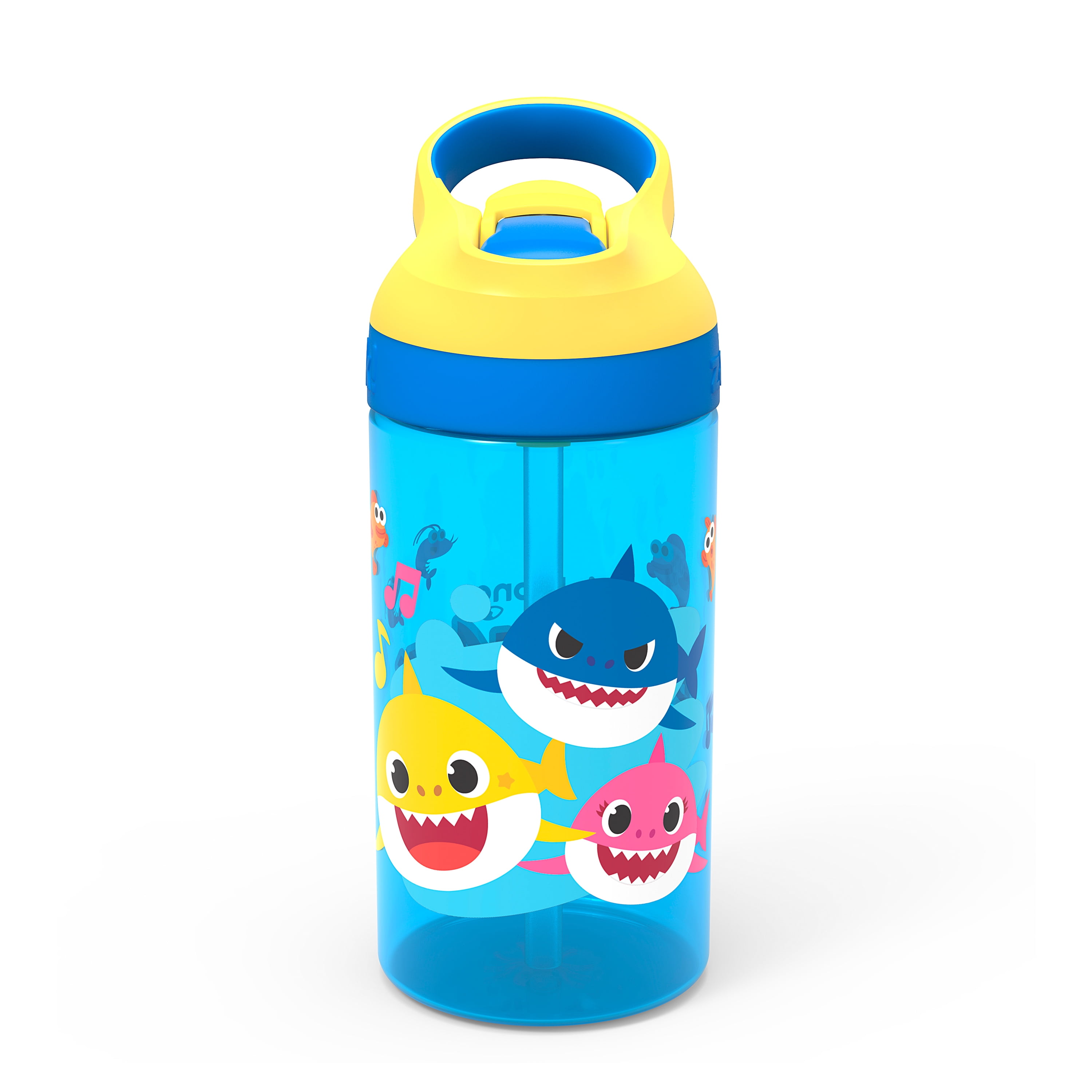 Zak Designs 16oz Baby Shark Kids Durable Plastic Water Bottle with Straw and Built in Carrying Loop, Leak-Proof, Underwater Friends