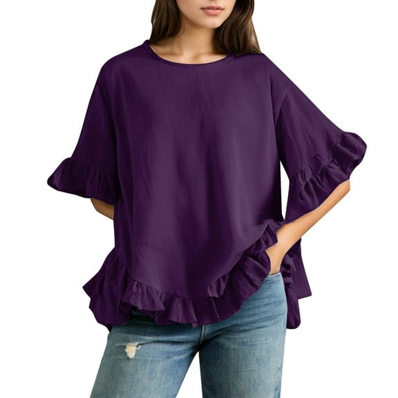 Women's Solid Color Linen Loose Fit Ruffled Round Neck Short Sleeve Button Up Blouse