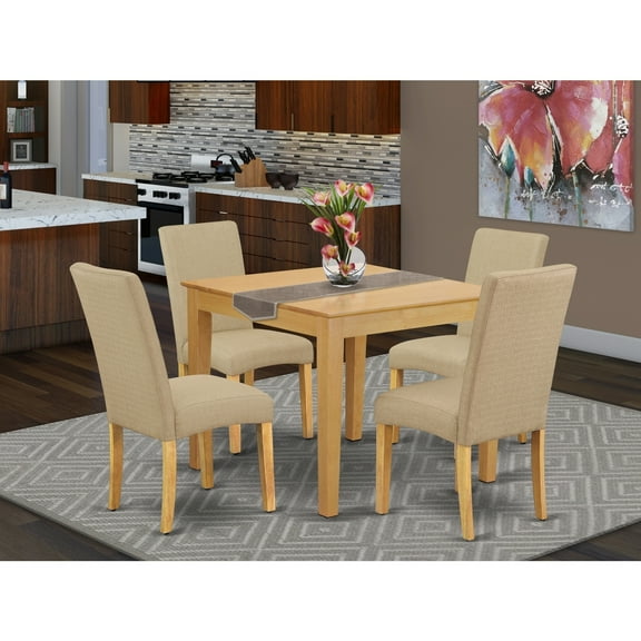Country Cottage Dining Set - 5Pc Square Table & 4 Chairs - Linen Fabric - Oak Finish