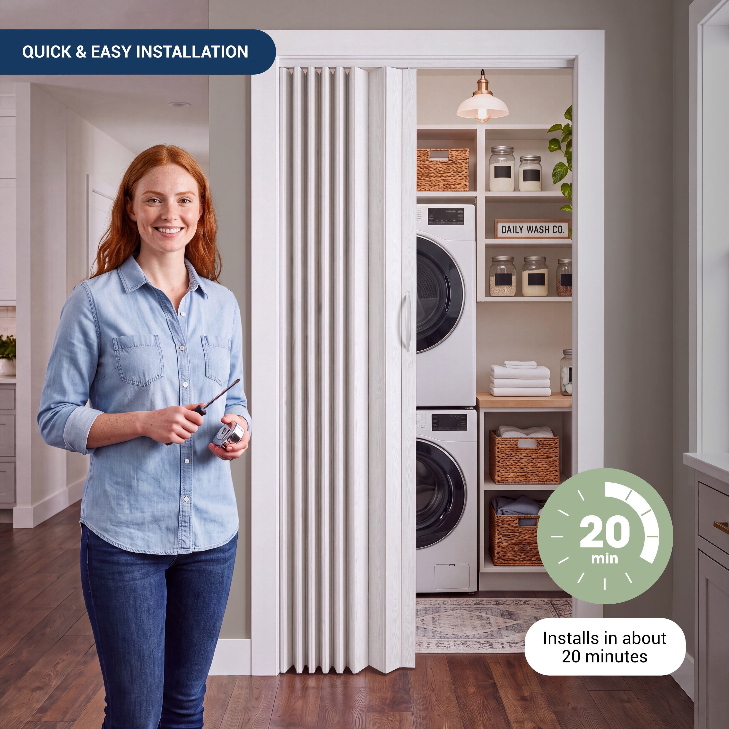 Techni Home Loft Series Premium Double Walled Foldable Accordion Door, 32"W x 80"H x 1.2"T, White RTA-LF32FD-WHT