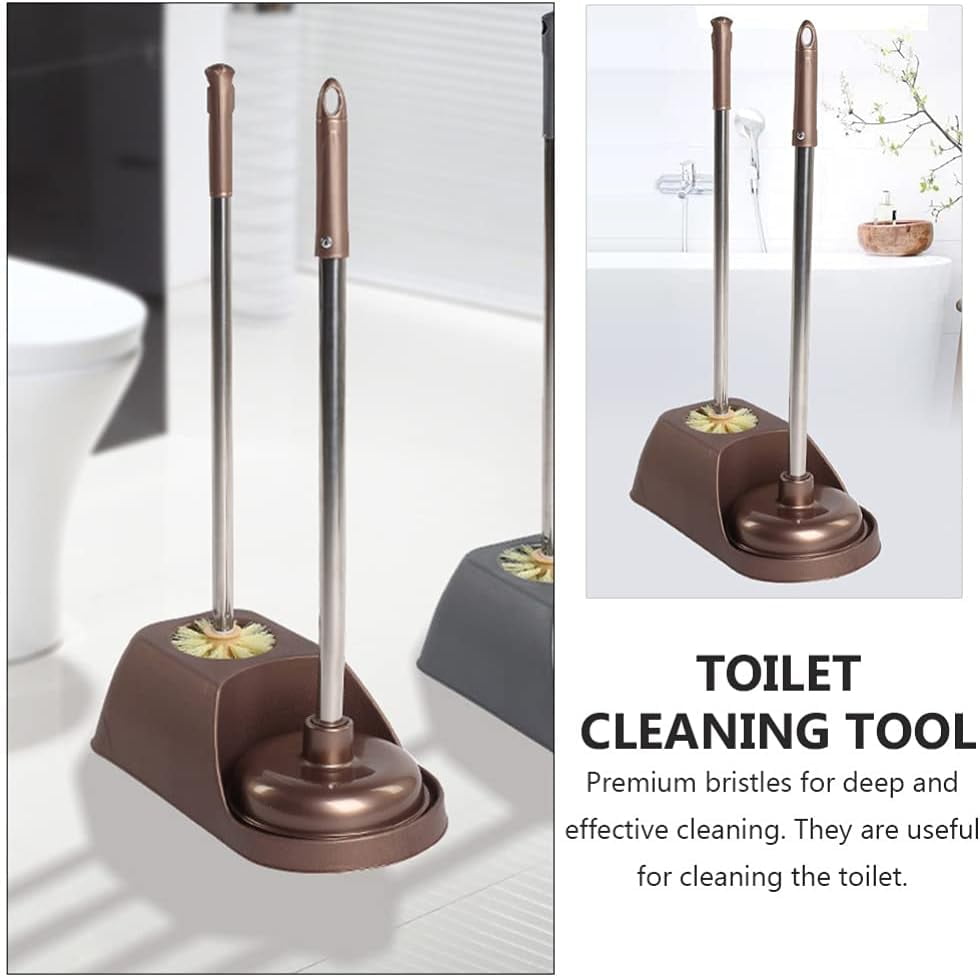 Toilet Plunger and Bowl Brush Combo for Bathroom Cleaning, 2 in 1 Long Handle Toilet Brush and Plunger with Holder, 1 Set ( Coffee )