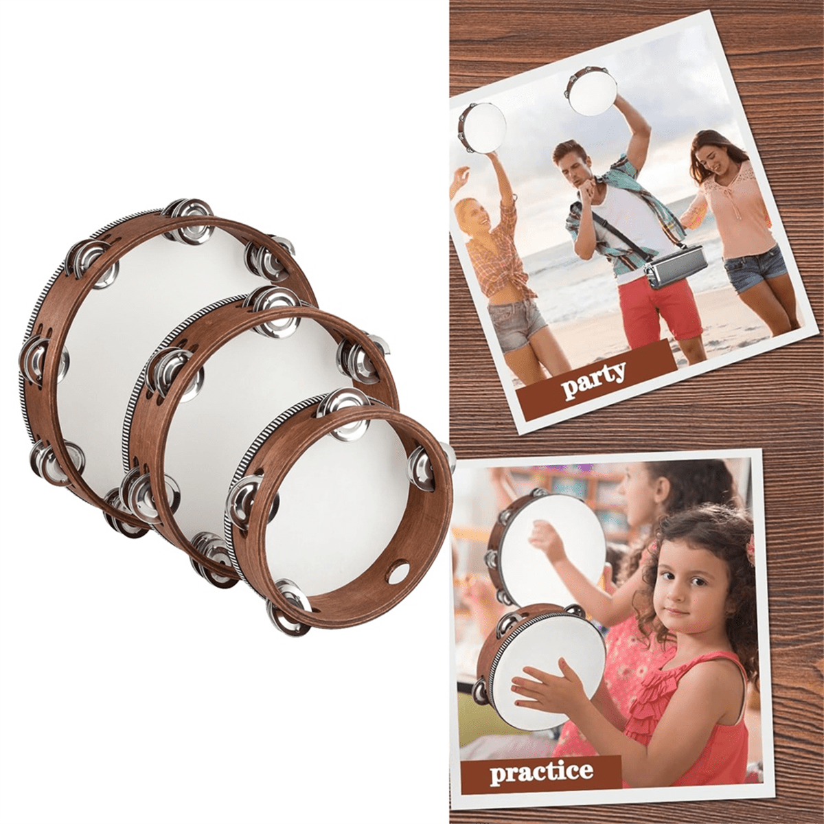 3 PCS Wooden Hand Held Percussion Tambourine , Tambourines Musical Instrument for , Wedding, , Dance