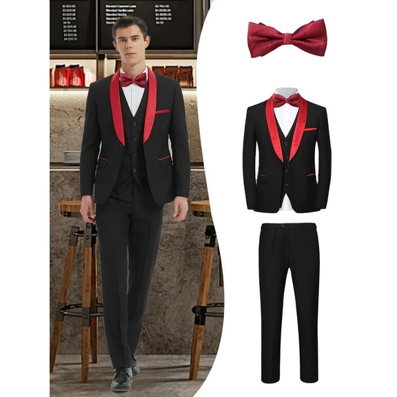 Men's 4-Piece Boutique Wedding Tailcoat Set with Jacket, Vest, Pants & Red Bow Tie – British Style Formal Suit for Groom, Business, Parties & Special Events