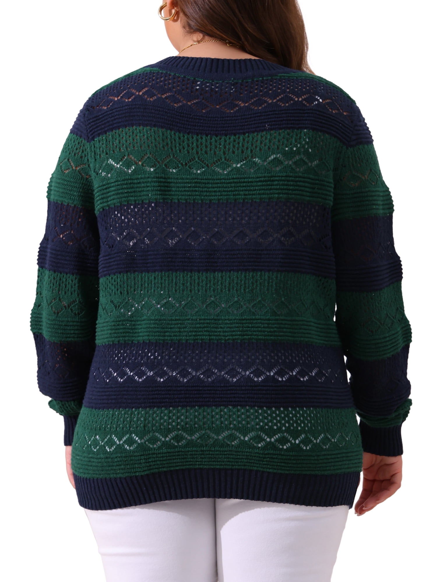 DARING DIVA Plus Size Long Sleeve Crewneck Hollow Knit Pullover 1X Green Blue