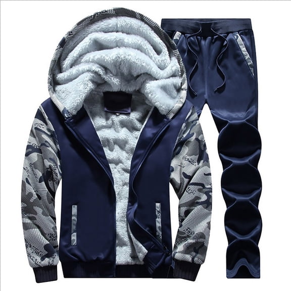 YYDGH Men's Fleece Tracksuit Hooded Thick Jogging Sweat Suits Winter Warm Pullover Coats 2 Pieces Outfits Set(Dark Blue,XL)