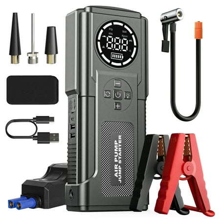 GPED Jump Starter with Air Compressor, 4000A 150PSI Portable Car Battery Jump Starter (All Gas/10L Diesel), 12V Jump Box Car Battery Jumper Starter with LCD Display & Jumper Cables, Emergency Light