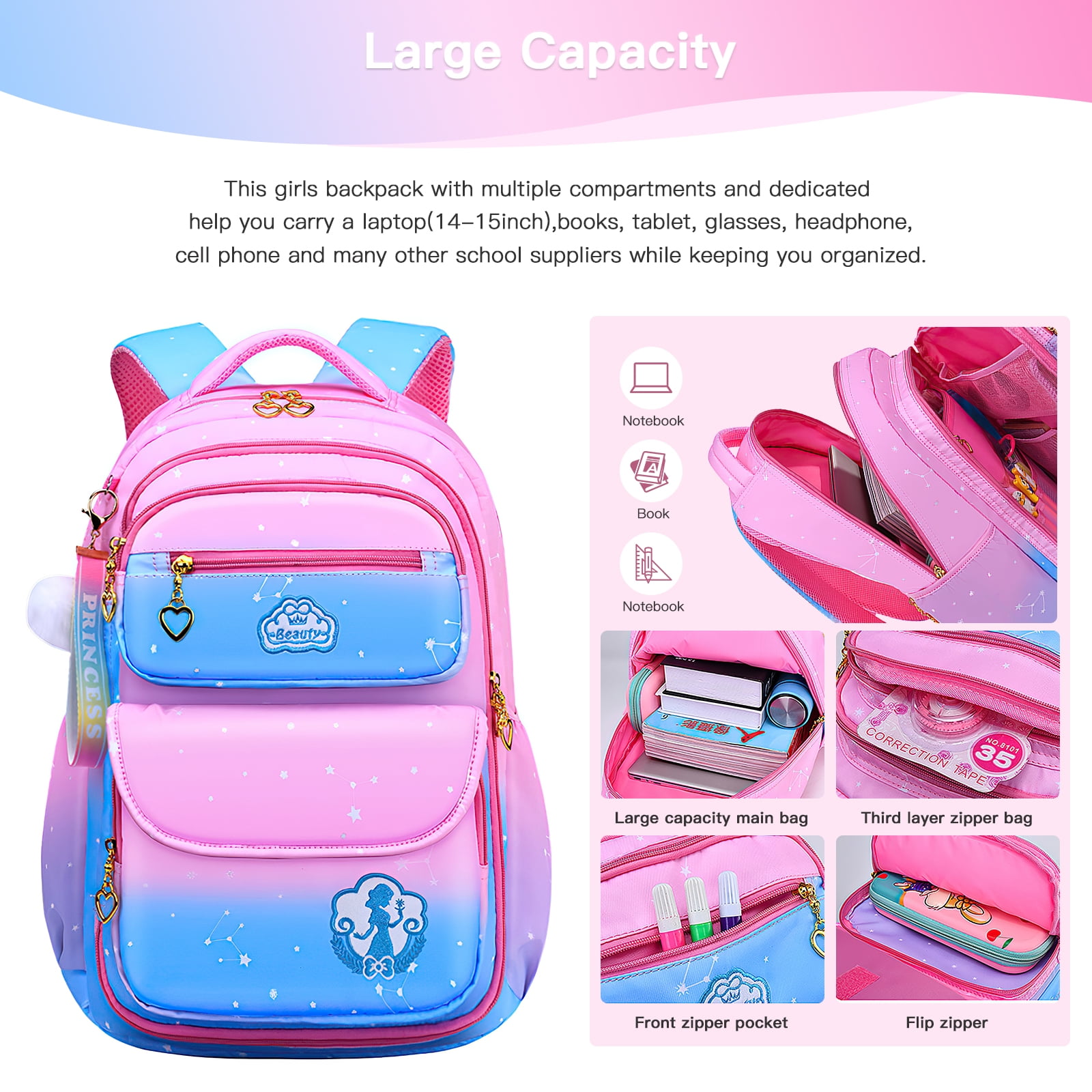 Kadyn 16" Kids Backpacks,Waterproof Princess School Bag for Girls, Children School Bags with Lunch Bag, Pink Kadyn 16" Kids Backpacks,Waterproof Princess School Bag for Girls, Children School Bags with Lunch Bag, Pink