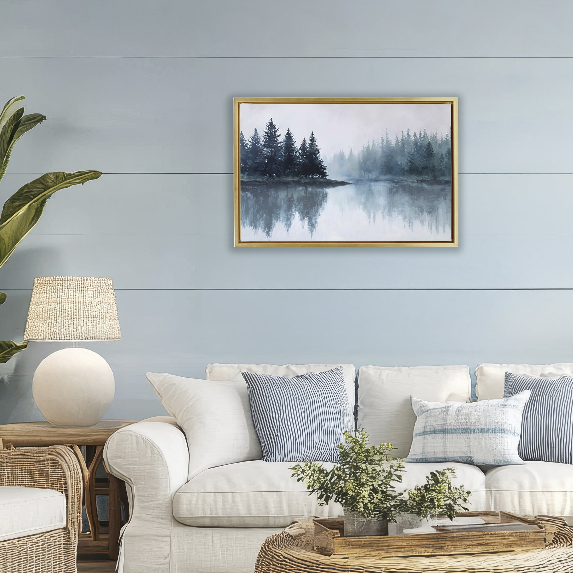 Stupell Industries Indigo Tree Reflections Gold Framed Floater Canvas Wall Art, design by Jacky Ngan