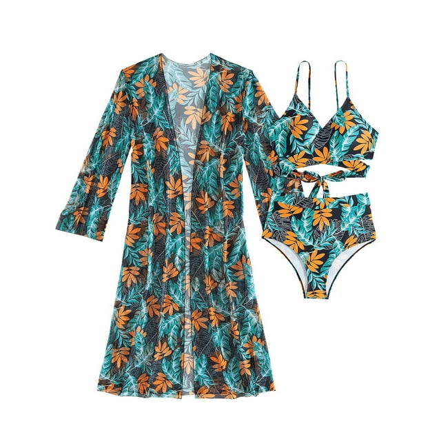 Traje de Baño de Bikini de Mujer Tiras Impresas V Cuello Sexy Dividido Tres Piezas, Traje de Baño de Poliéster para la Piscina, la Playa Y las Vacaciones de Verano