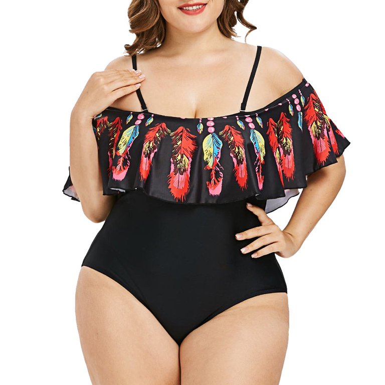 Bowake Sexy Women One Piece Padded Swimwear Plus Size Feather