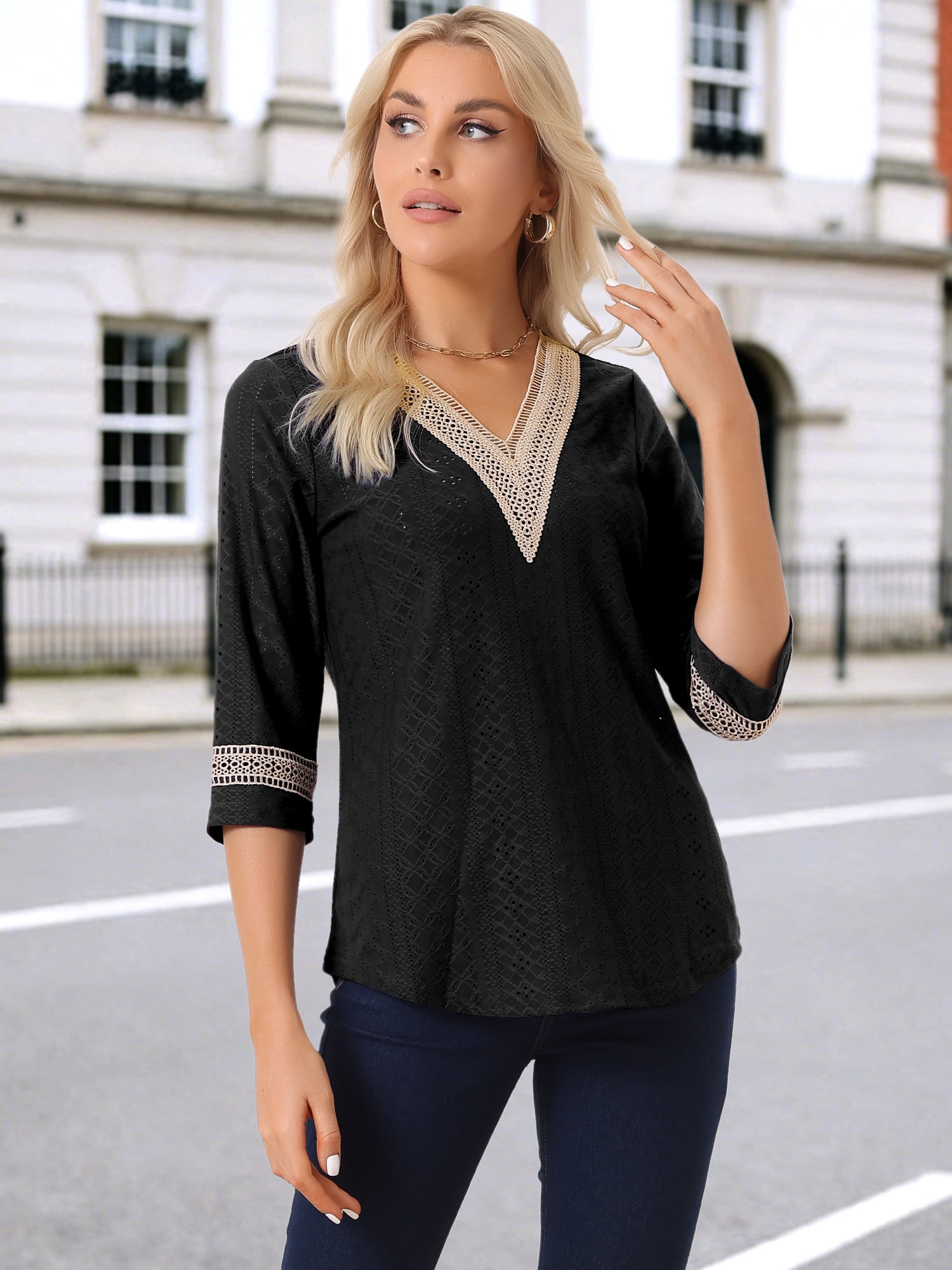 DARING DIVA Women's 3/4 Sleeve Tops Hollow Color Block Boho Shirts XS Black