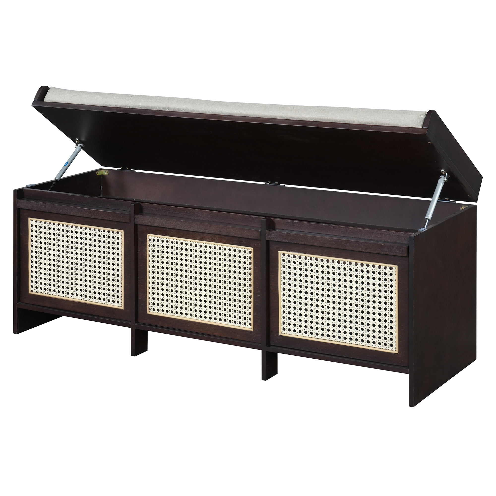 Shoe Bench 48 Inch Entryway Storage Bench with Rattan Drawers and Tufted Cushion, Hallway Seating and Shoe Rack Organizer for Living Room Foyer, Espresso