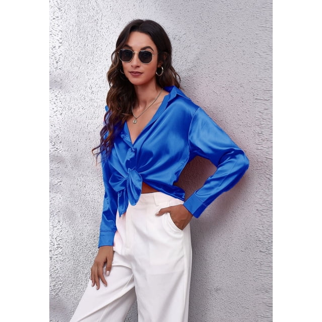 Blusas casuales de satén con cuello en V para mujer, blusa informal de seda
