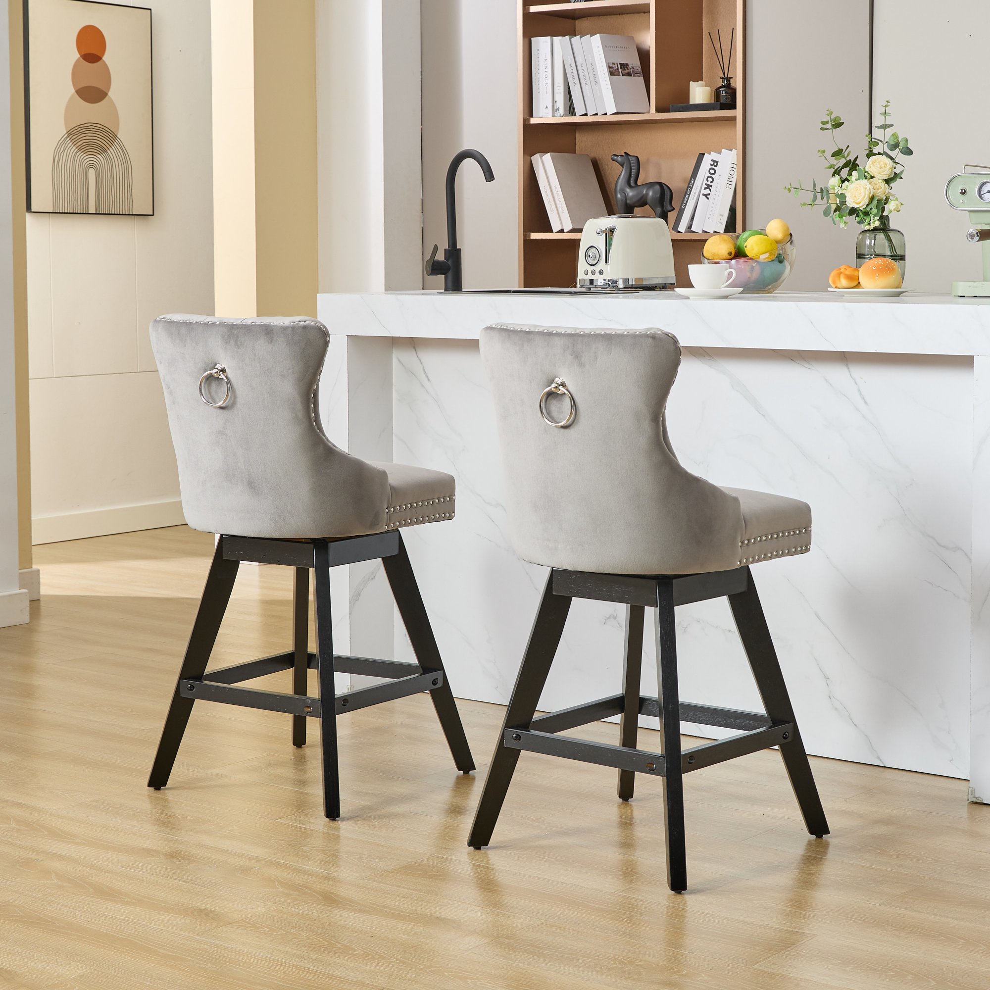 Swivel Bar Stools Set of 2, Velvet Counter Height Bar Stools with Back, Swivel Dining Chair with Button Tufted and Wooden Legs, Kitchen Chair Counter Stools for Kitchen Island Kitchen Counter, Gray
