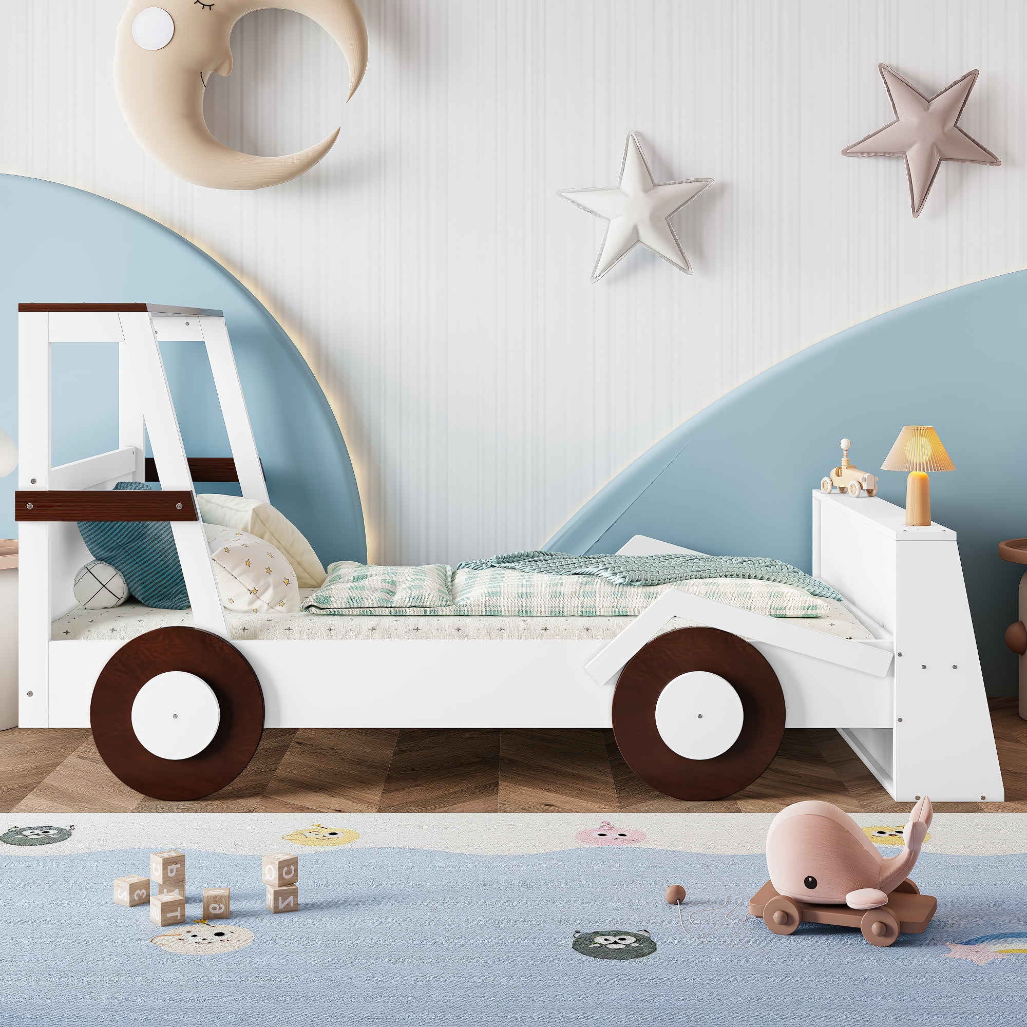 Mintazer Twin Car-Shaped Bed with Storage Shelves, Kids Platform Bed with Safety Rails for Toddler Bedroom, White & Brown