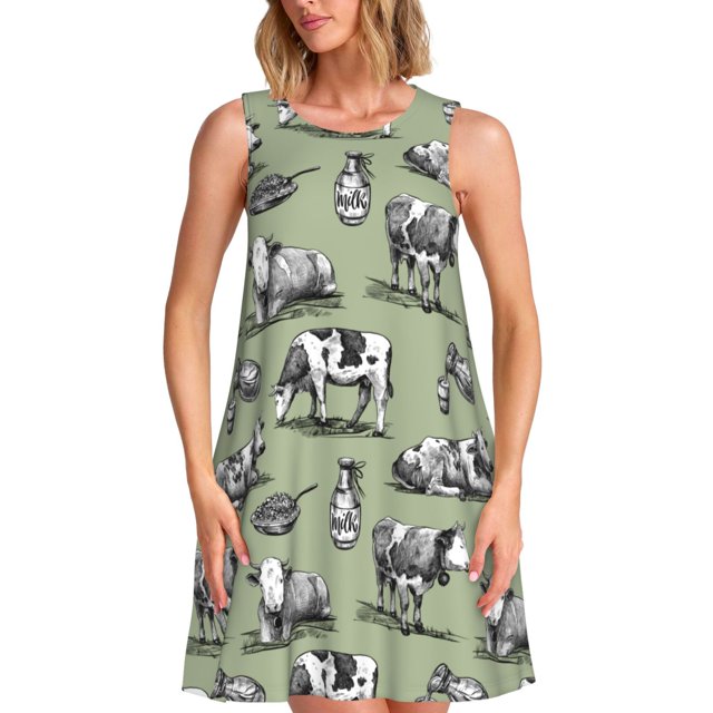 Balery Farm Cows Vestidos de verano para mujer con estampado: vestido holgado sin mangas, vestido playero informal y cómodo para días calurosos.