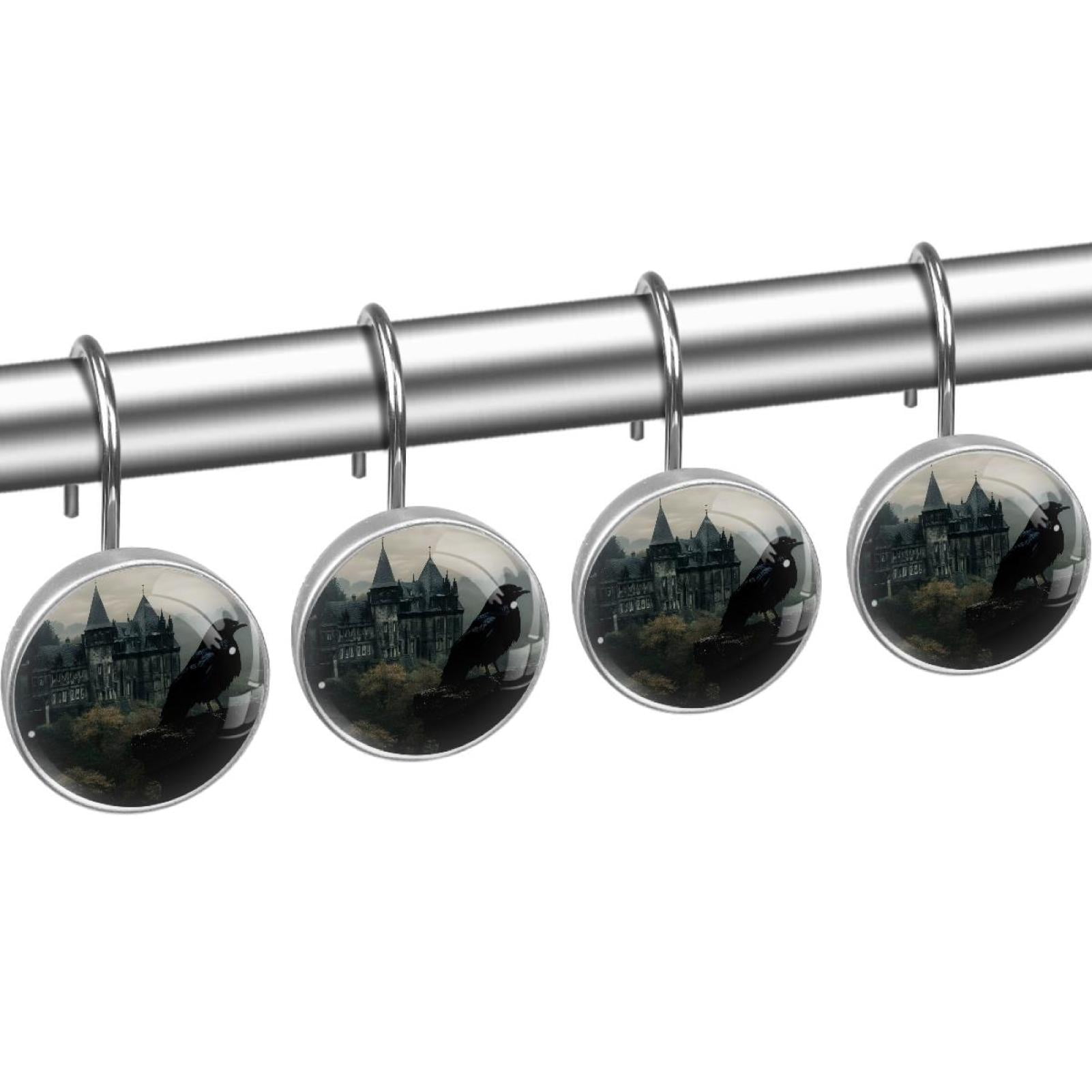 Black Raven Castle Shower Curtain Hooks Round Crystal Glass, Set of 12 Shower Curtain Rings - Shower Hooks for Curtain Shower Rings