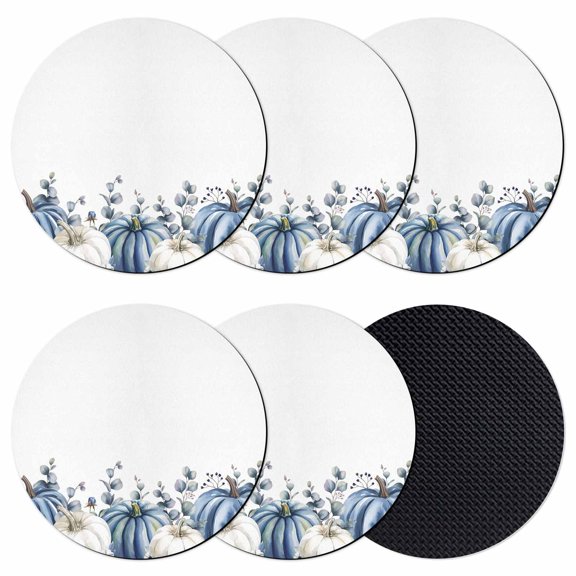 Fall Blue Pumpkin Coasters Set of 6, Absorbent Coasters for Drinks, Thanksgiving White Eucalyptus Flower Coaster for Desk Coffee Table Protection, Home Decor House Warming Gifts 4"